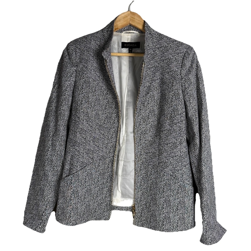 ESCADA Jacket Blazer Women White & Black Zip Up Cotton,viscose,silk Blend Sz-38